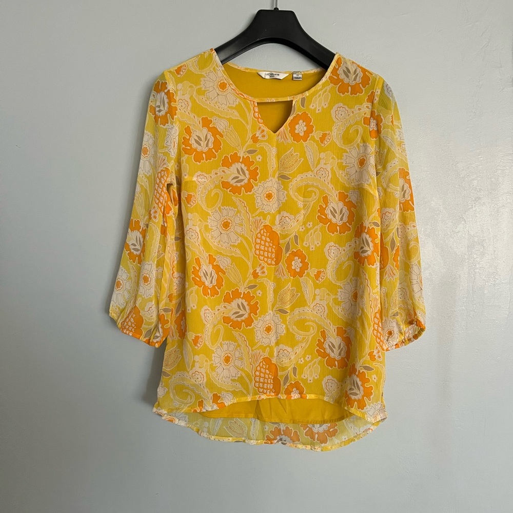 LizClaiborne Yellow with orange flowers mid sleeves in good condition